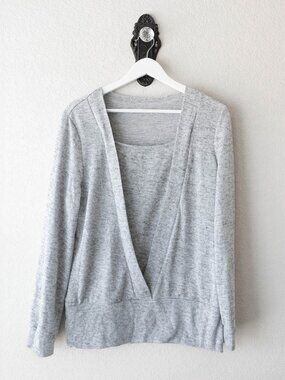 SHEIN Gray Deep V-Neck Long Sleeve Top | Size L Soft Knit Lounge Shirt